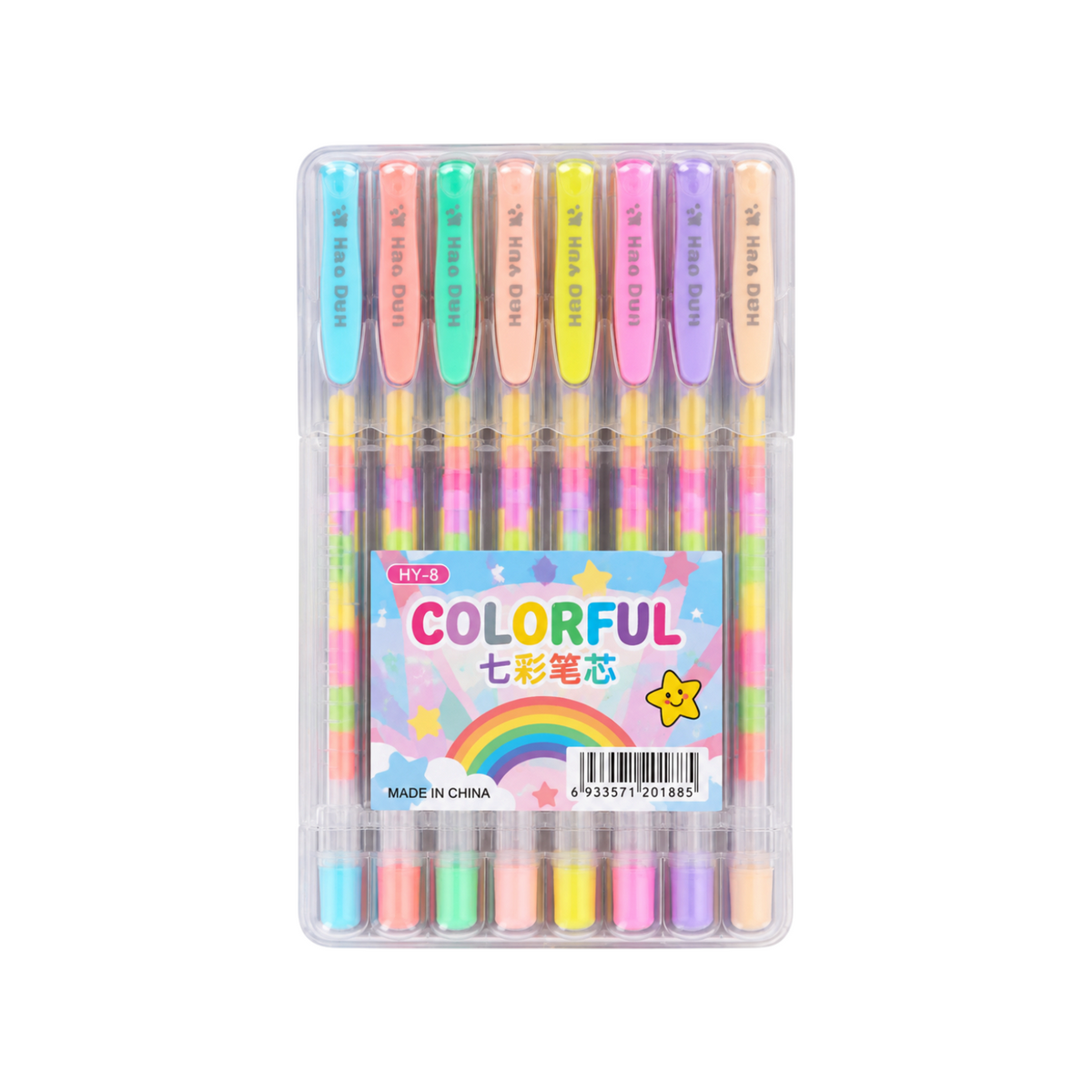 Elite Stationery House kit of 8 neon and pastel gel pens with ballpoint tips in a clear plastic storage case.