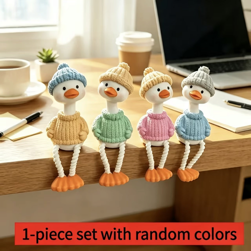 Elite Stationery House decorative duck figurines with long legs wearing colorful knitted sweaters and beanies