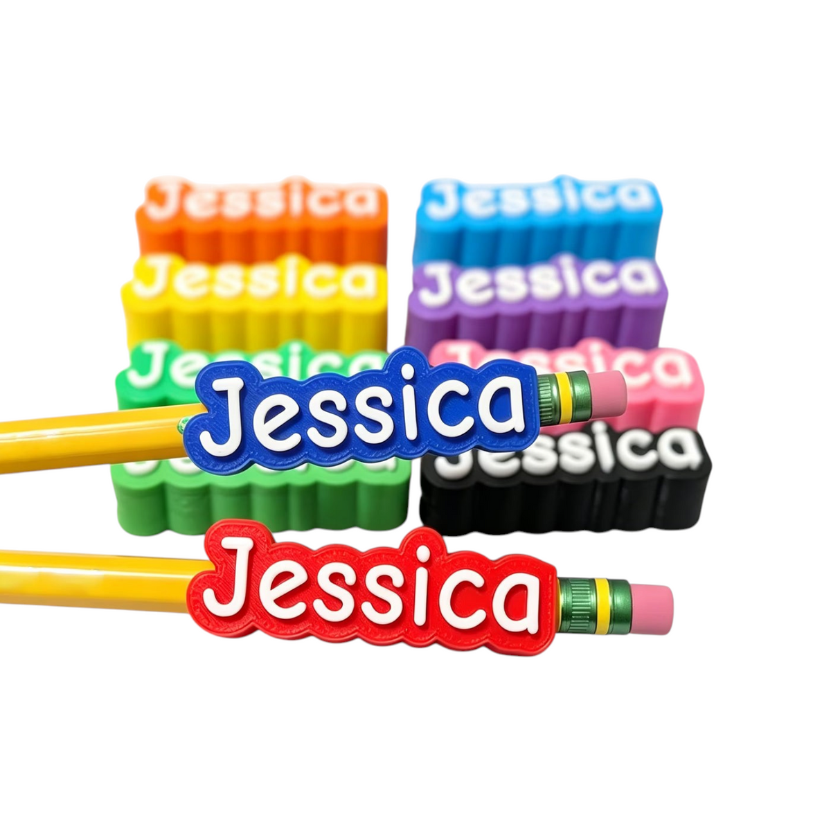 Elite Stationery House personalized 3D-printed pencil caps with the name Jessica in various bright plastic colors