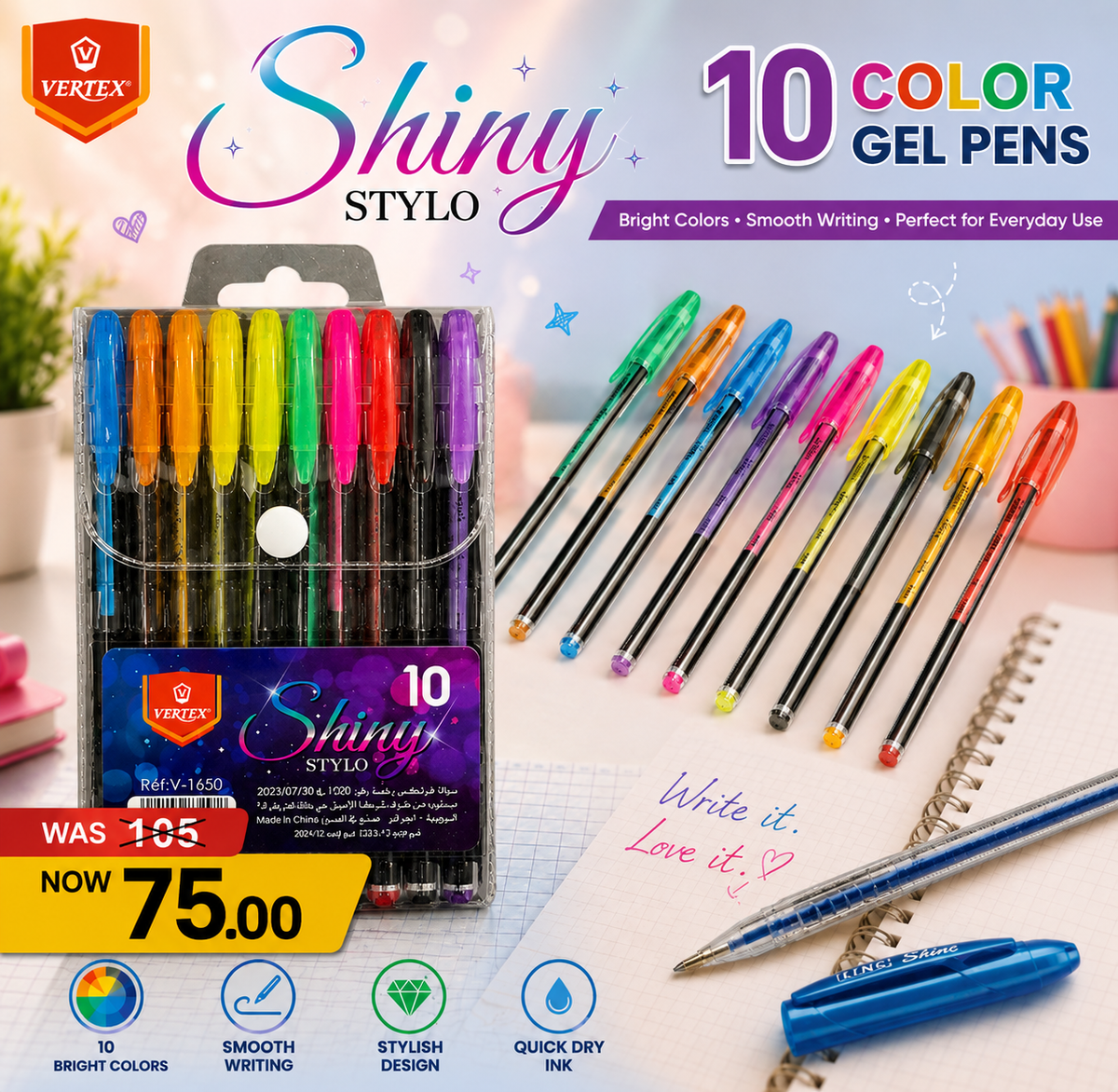 10 x Linc Shine Sparkled Gel Pens 0.7 mm FINE Tip 10 colors