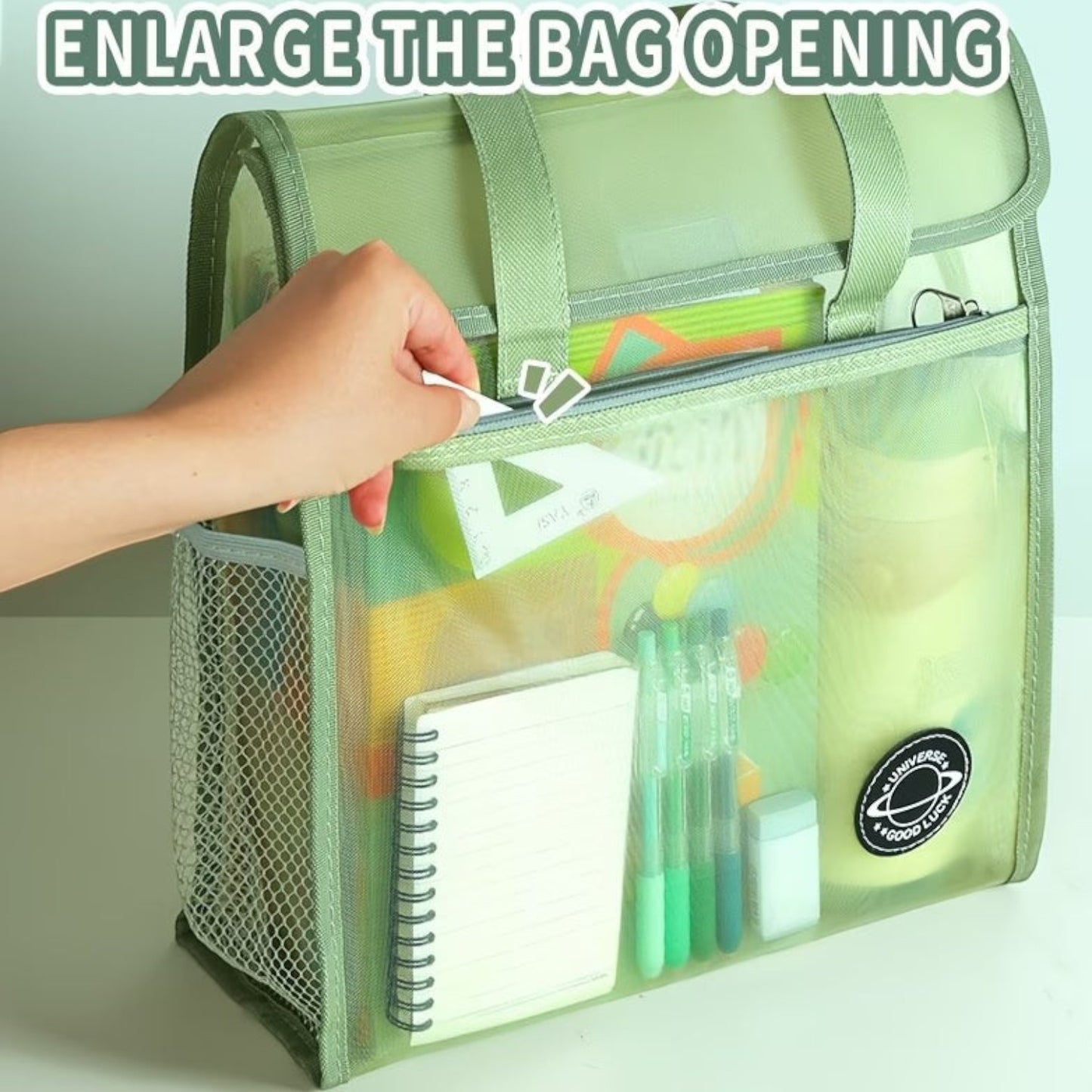 A Multi-Layer File Bag with a Pen And Randomly Colored Sticky Notes