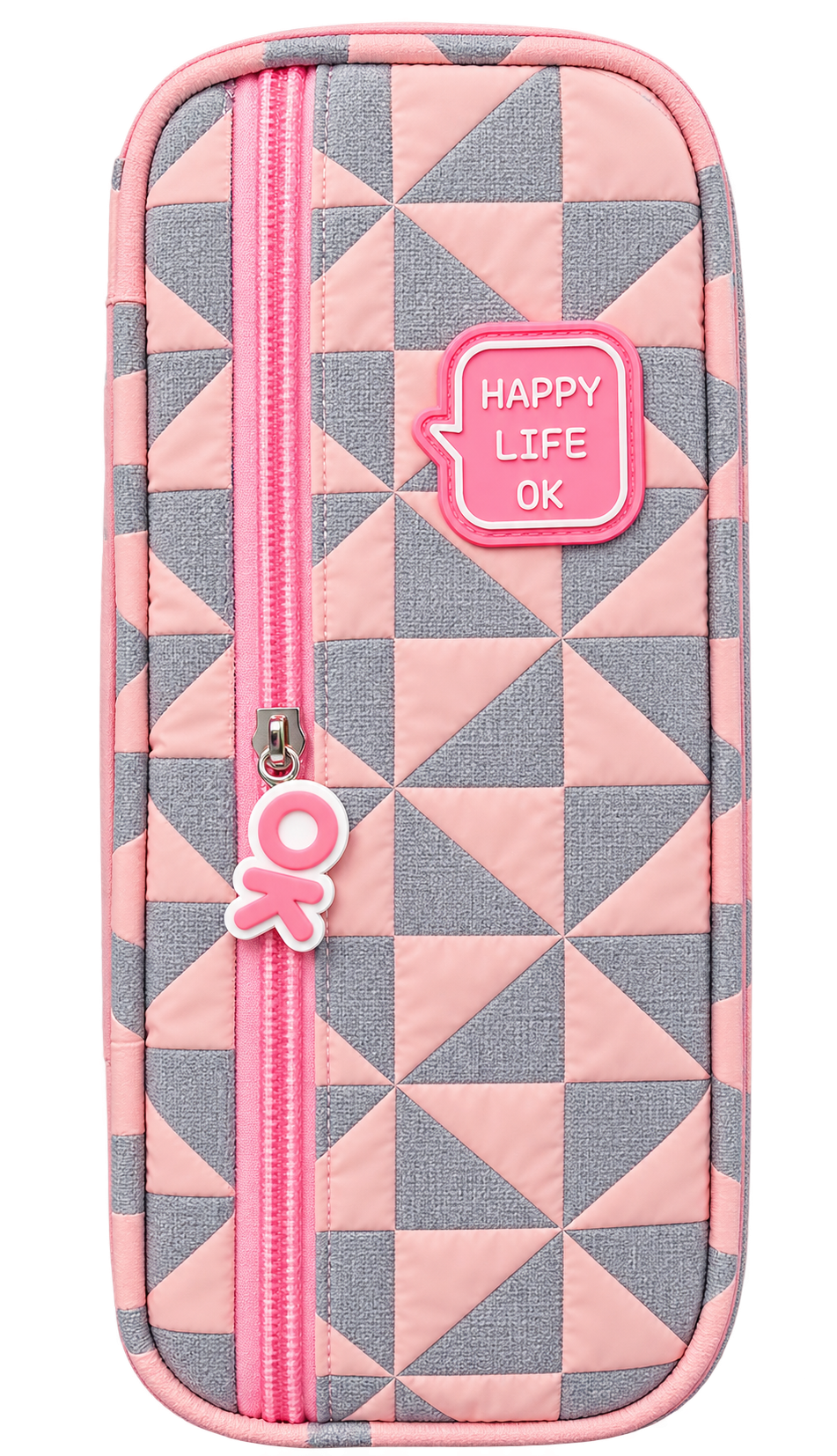 Happy Life Quilted Geometric Pencil Case – Large Capacity