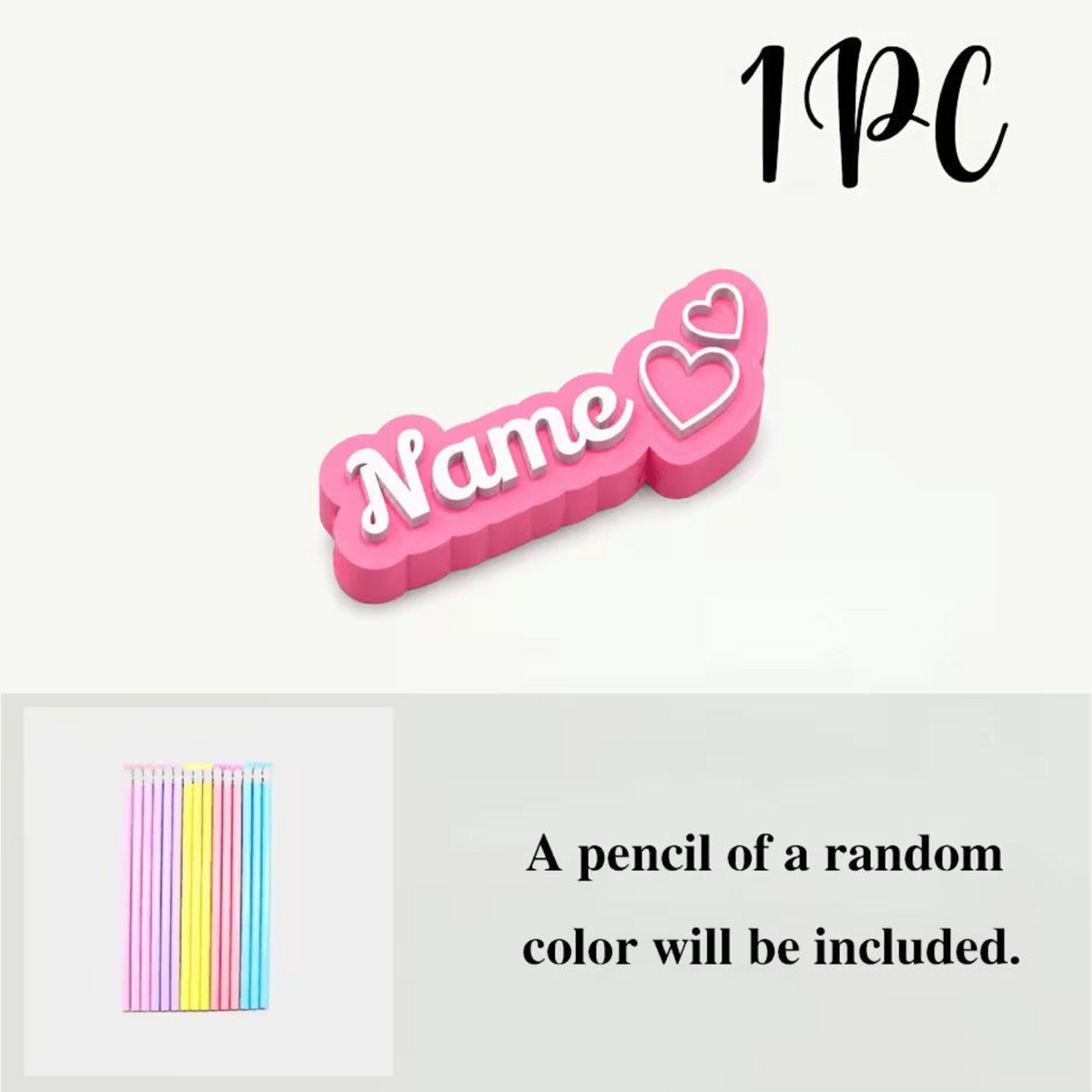 Elite Stationery House personalized 3D pink plastic name pencil cap with heart detail and one included pencil.