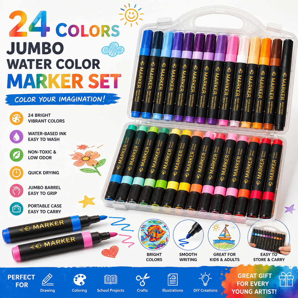 🖍️ 24 Colors Jumbo Water-Based Marker Set