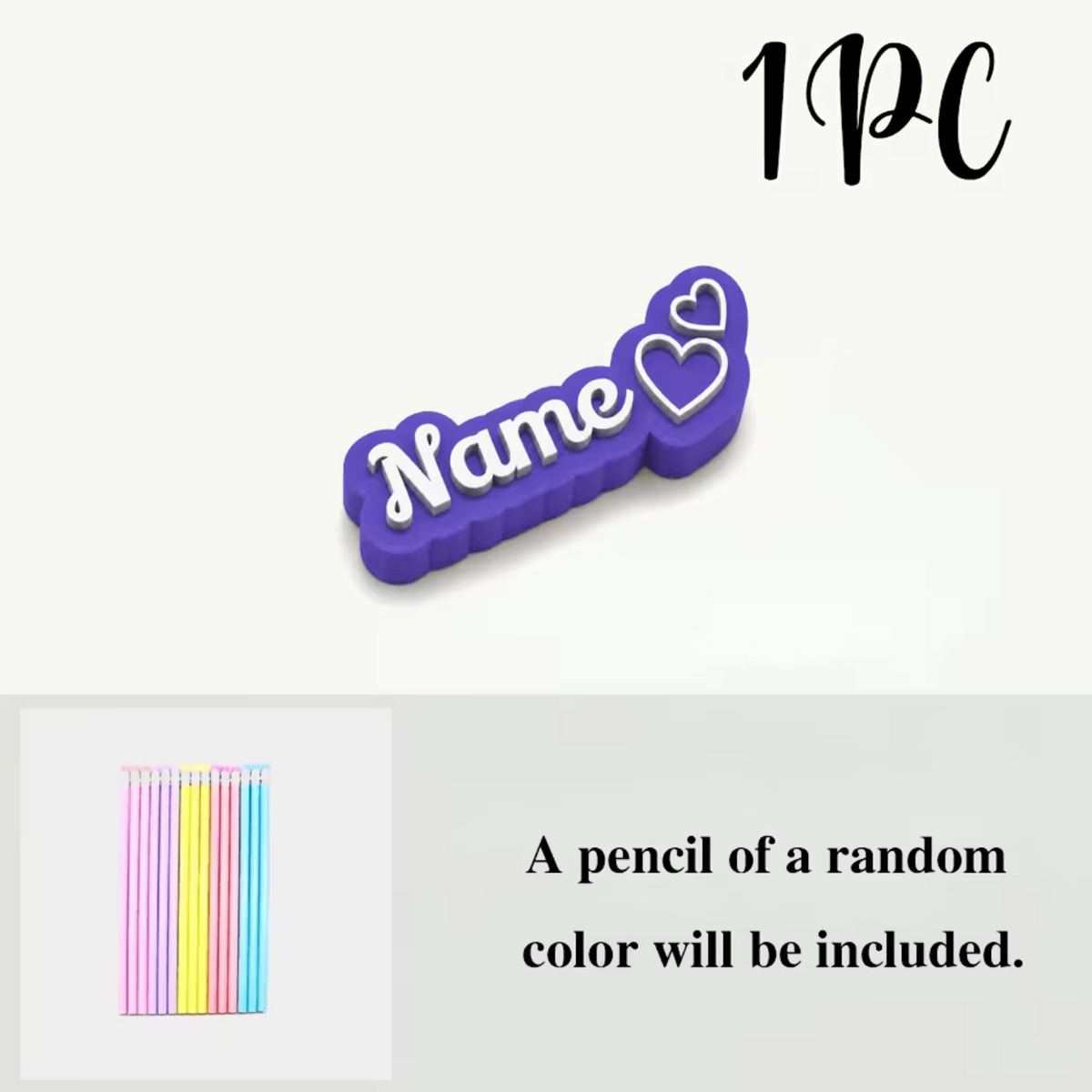 Elite Stationery House personalized 3D purple name pencil cap with heart icon and a free pastel pencil