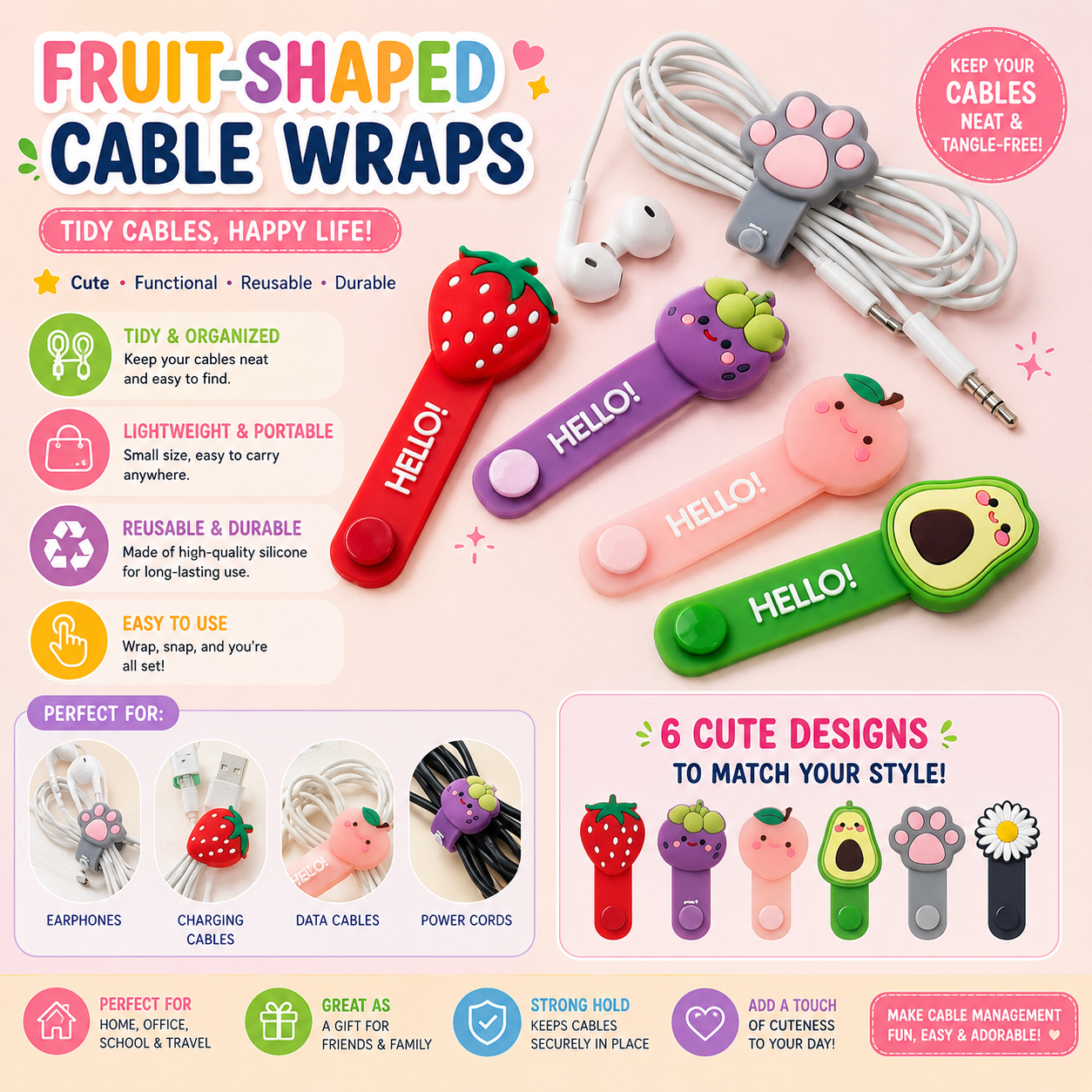 Silicone Cartoon Fruit-Shaped Cable Organizers