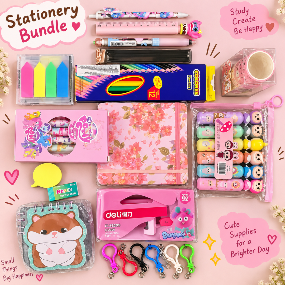 Elite Stationery House 38-piece cute stationery bundle featuring a floral notebook, gel pens, washi tape, and accessories