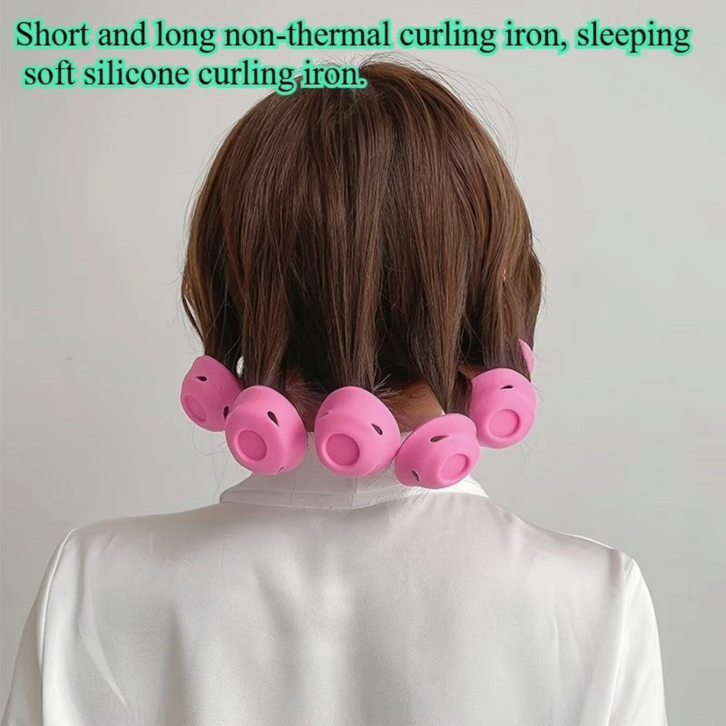 Elite Stationery House pink silicone no-heat hair curlers worn by a person with brown hair for easy styling