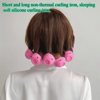 Elite Stationery House pink silicone no-heat hair curlers worn by a person with brown hair for easy styling