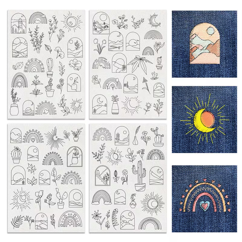 1 set 4 Sheets 29.46x20.83 cm Stick and Stitch Embroidery Patterns Non-woven Fabrics Water Soluble
