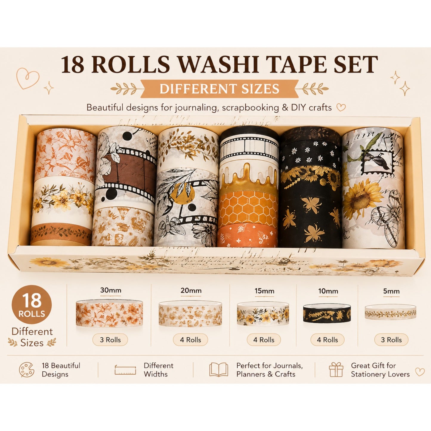 18 Rolls of Washi Tape Different Sizes