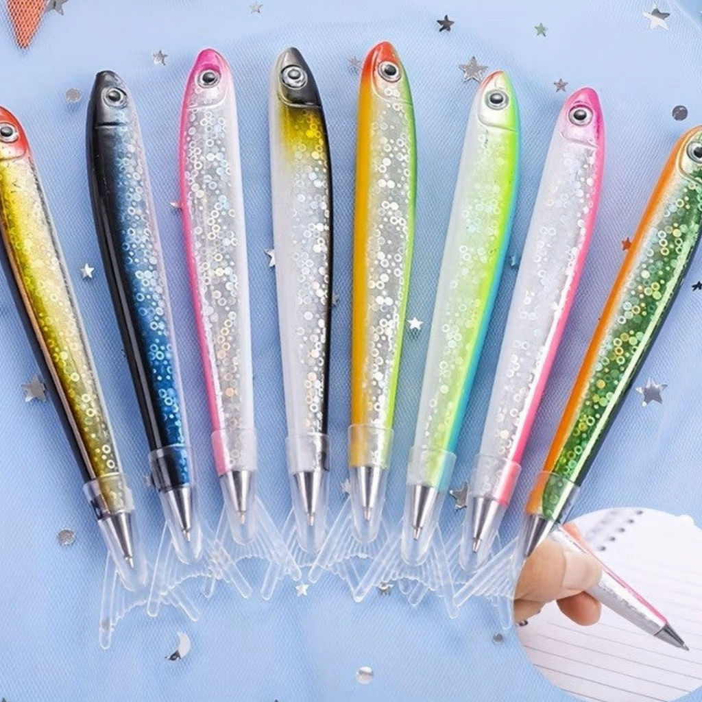 Elite Stationery House fish-shaped ballpoint pens in various glittery colors for school and office novelty gifts