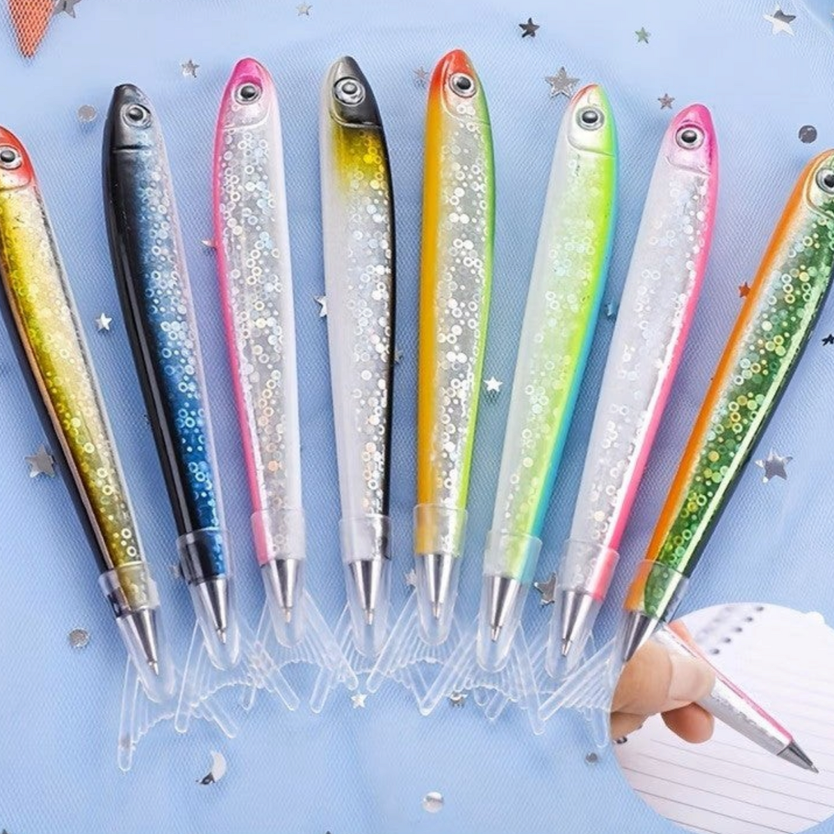 Elite Stationery House fish-shaped ballpoint pens in various glittery colors for school and office novelty gifts