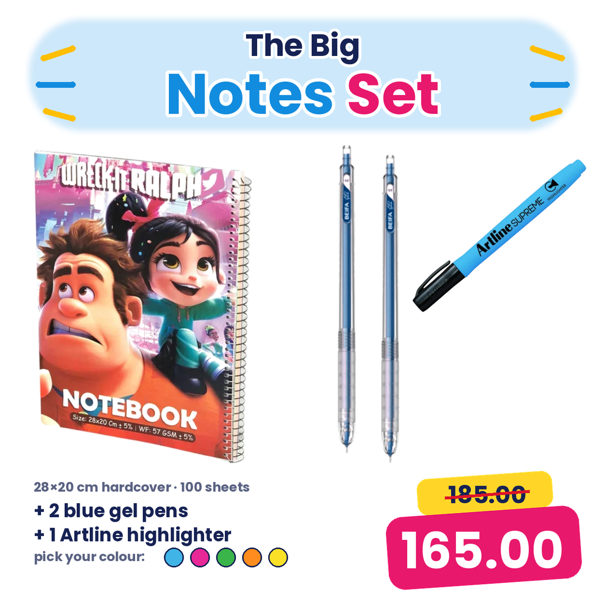 The Big Notes Set – 100-Sheet Wire Hardcover Notebook + 2 Gel Pens + Highlighter
