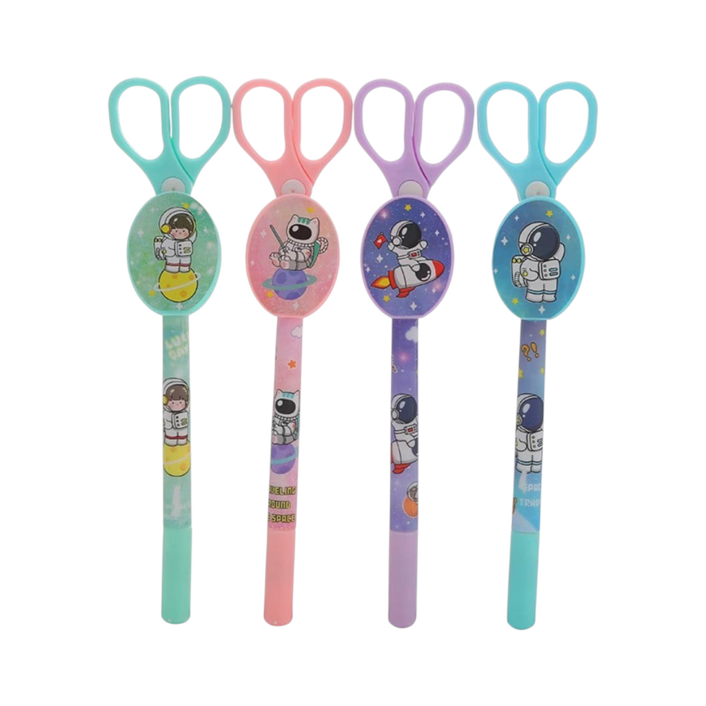 Elite Stationery House scissor shaped neutral pens with astronaut designs and 0.5mm black ink in four pastel colors