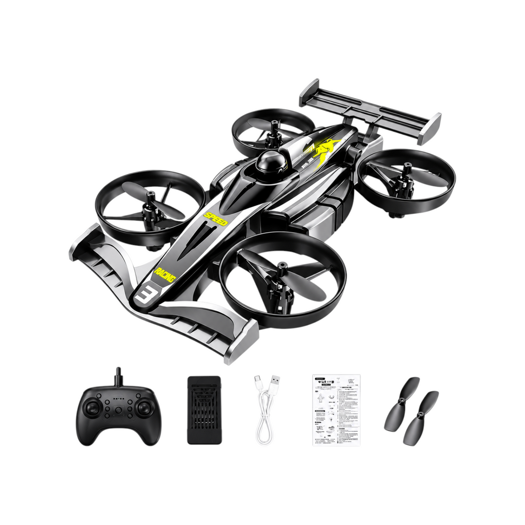 Elite Stationery House DEERC HT35 2-in-1 black RC drone car with remote control, battery, and spare propellers.