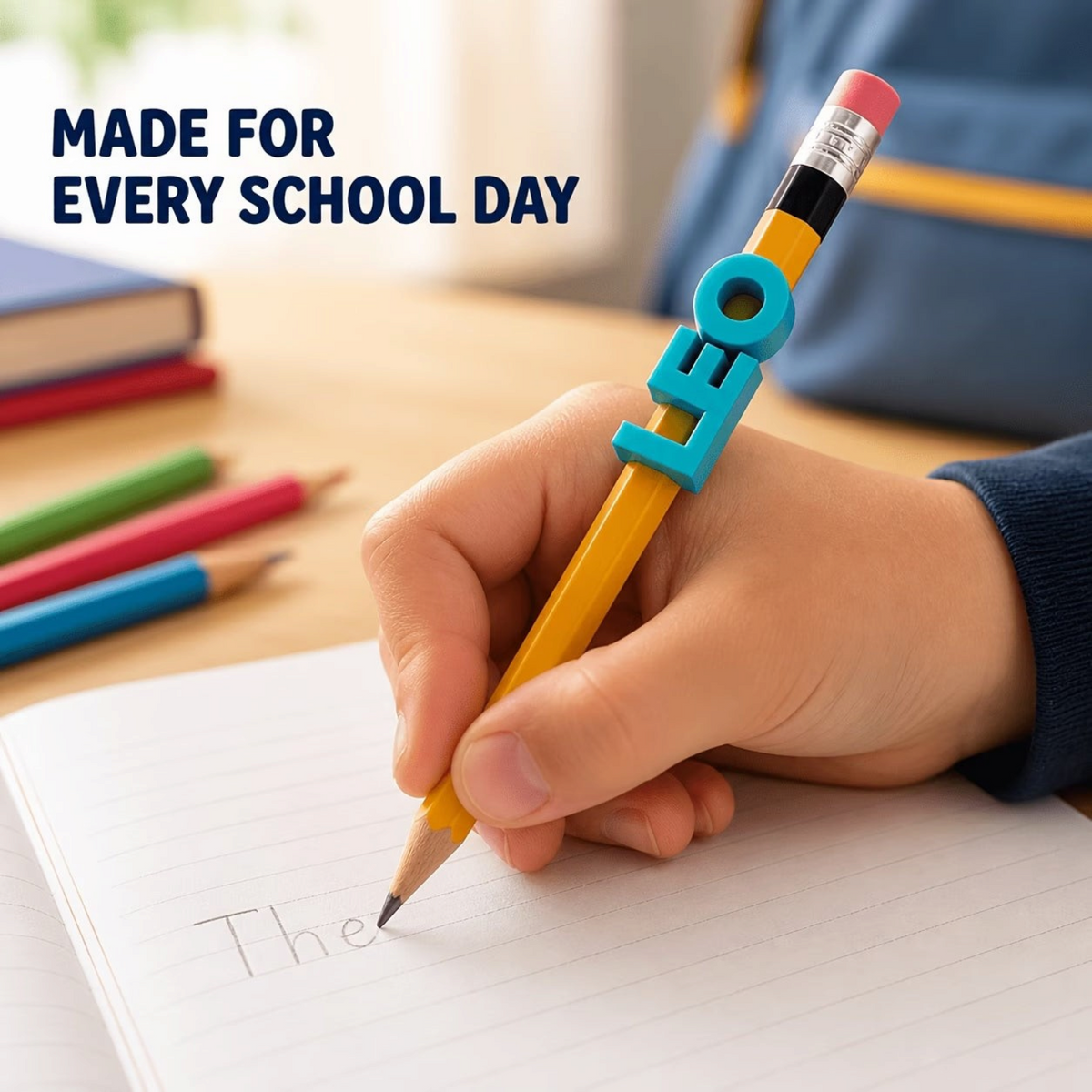 Elite Stationery House 3D printed blue personalized name pencil topper on a yellow pencil held by a child writing