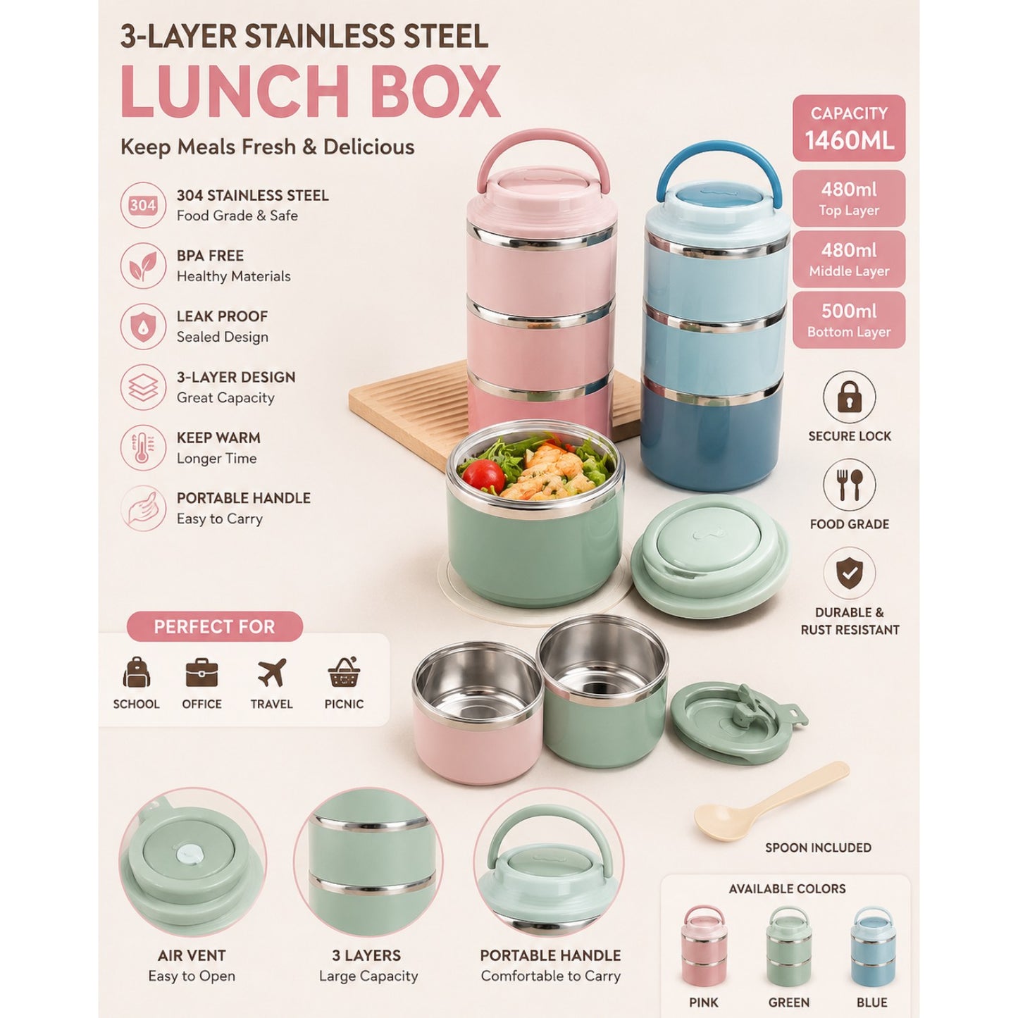 3-Layer Vacuum Insulated Stainless Steel Lunch Box