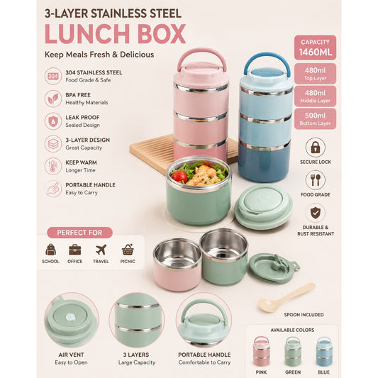3-Layer Vacuum Insulated Stainless Steel Lunch Box