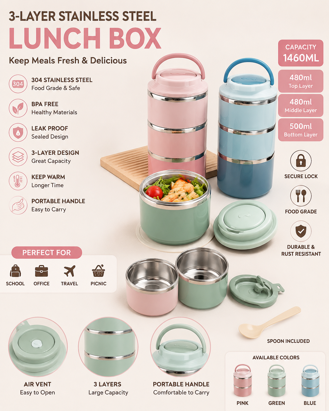 3-Layer Vacuum Insulated Stainless Steel Lunch Box