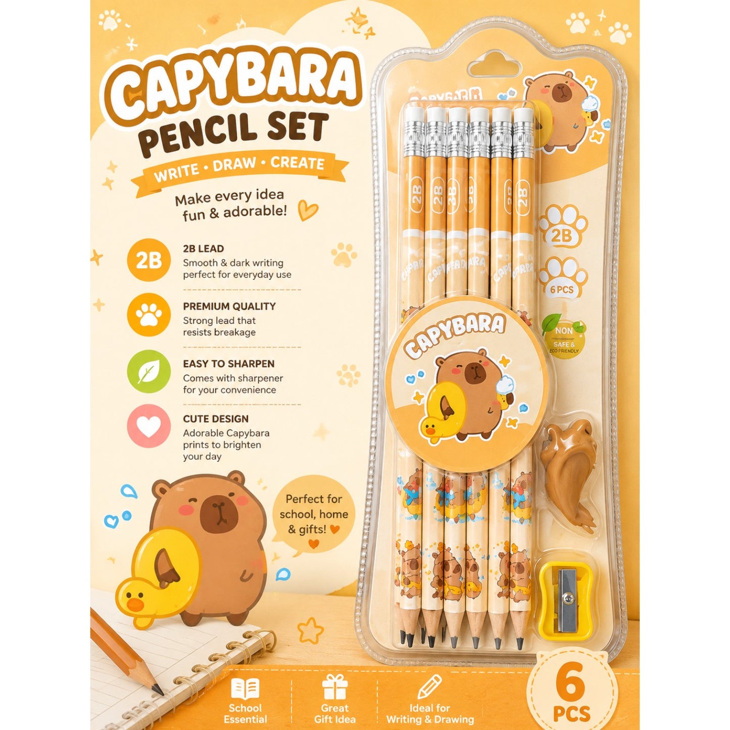 12 Pencils + Sharpener + Eraser Set 14 pcs