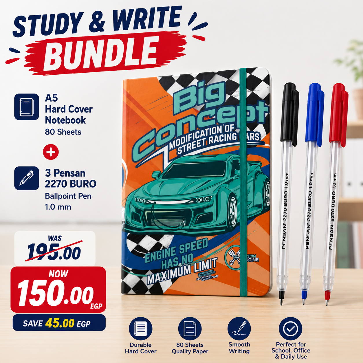 A5 Hard Cover Notebook – 80 Sheets +  3 Pensan 2270 BURO Ballpoint Pens (1.0 mm)