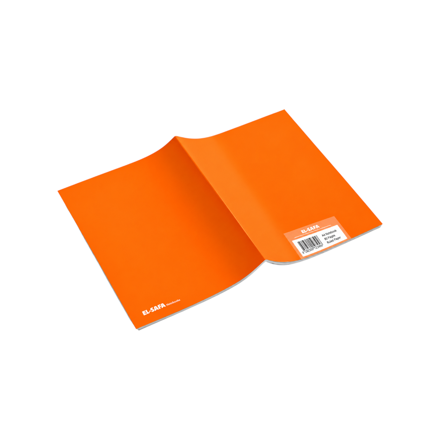 Elite Stationery House EL SAFA A4 lined notebook with a vibrant orange cover, 60 sheets, shown from a top angle.