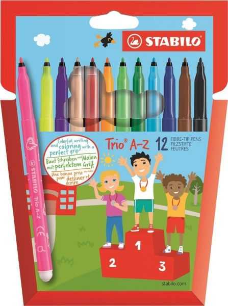 STABILO Trio A-Z Set Of 10 Fibre Tip Colors + 2 Free Neon Colors