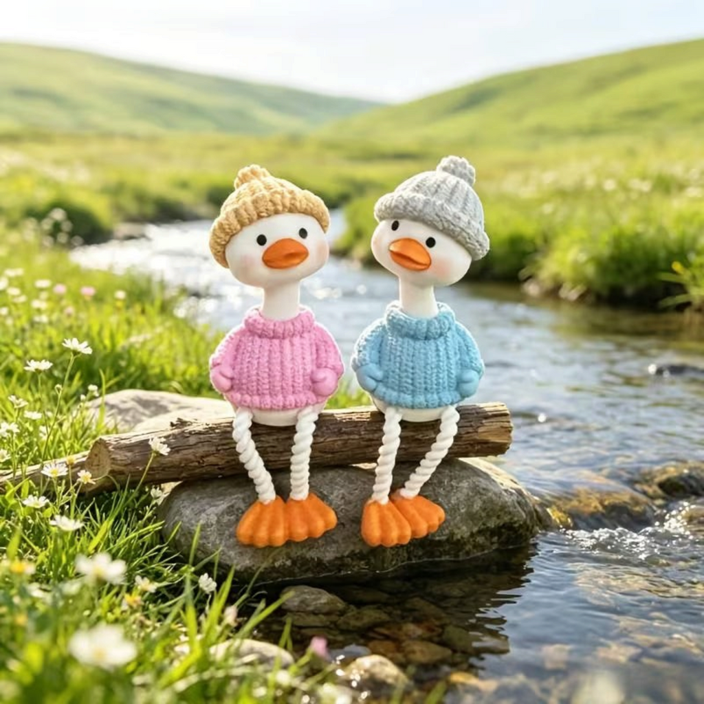 Elite Stationery House decorative duck figurines wearing knit sweaters and beanies sitting on a rock by a stream