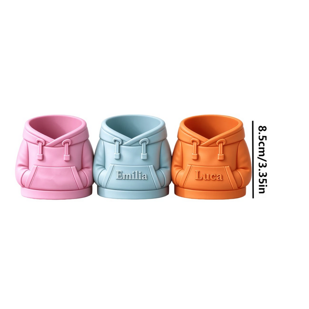 Elite Stationery House personalized hooded sweatshirt pen holders in pink, blue, and orange with custom engraved names.