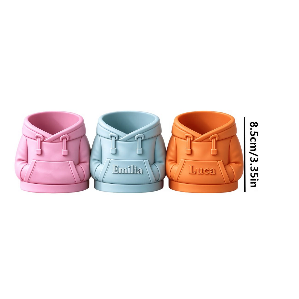 Elite Stationery House personalized hooded sweatshirt pen holders in pink, blue, and orange with custom engraved names.