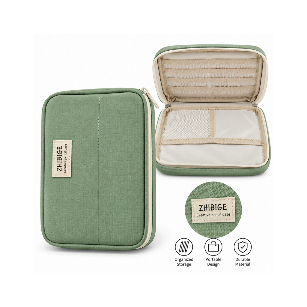 Elite Stationery House olive green wide opening pencil case with two side pockets for stationery storage