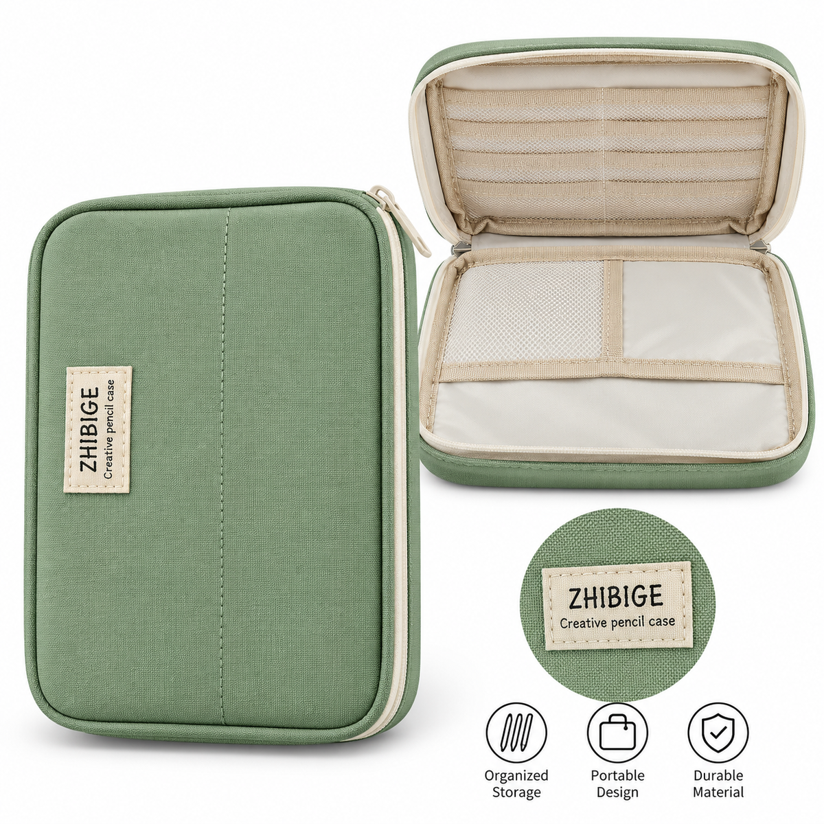 Wide Opening Pencil Case Pen Bag Pouch Olive Green