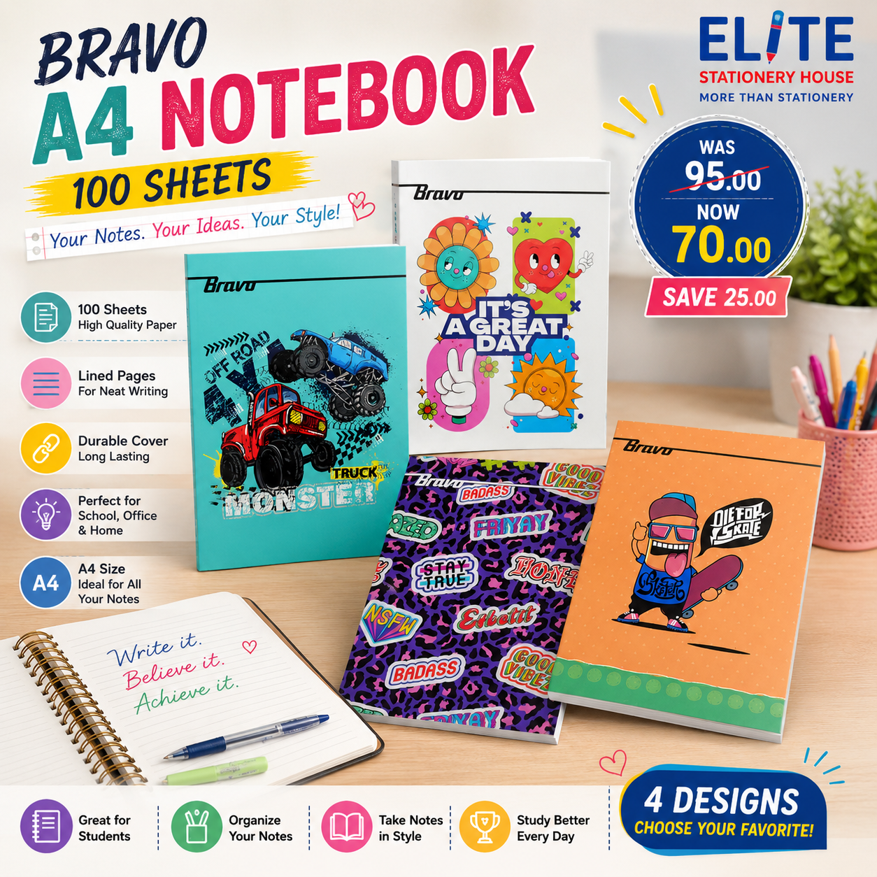 100 Sheets Bravo Stapled Lined Notebook A4