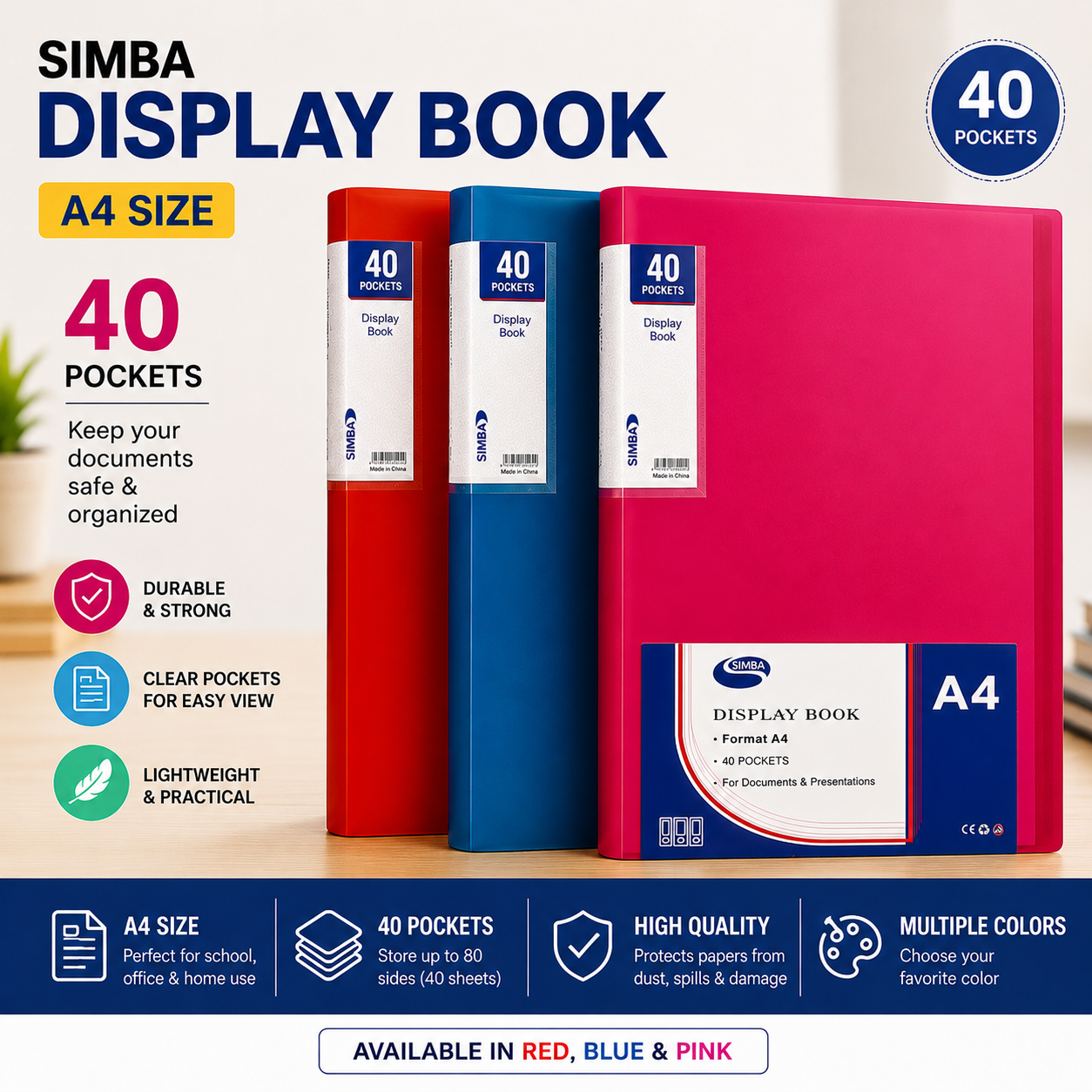 40 Pockets  Simba Document Holder Fuchsia A4 Model DB8514