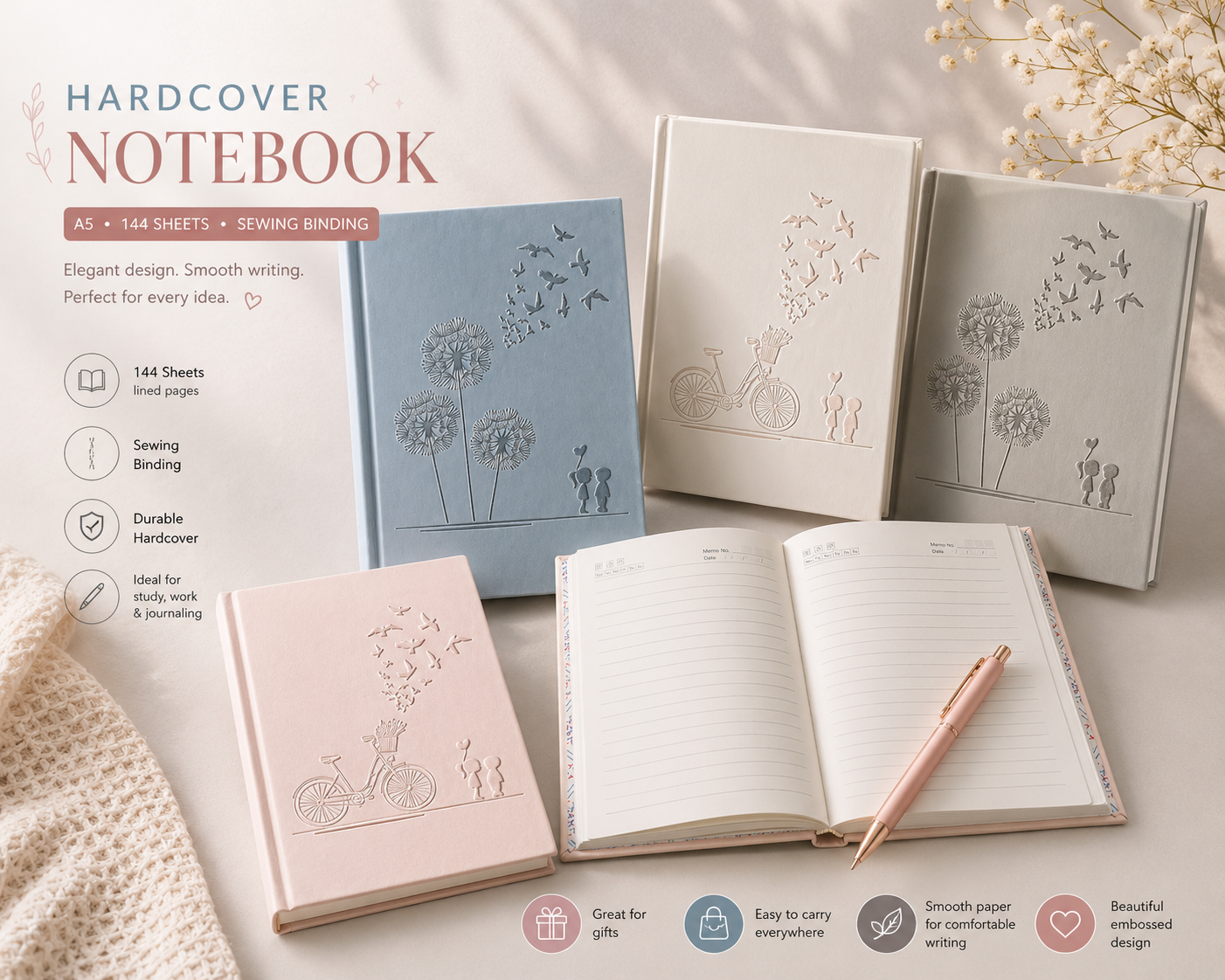 Hardcover Notebook, sewing 144 sheets A5 BE