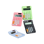Elite Stationery House Deli-EM210F 12-digit desktop calculators in pink, green, black, and light blue colors.