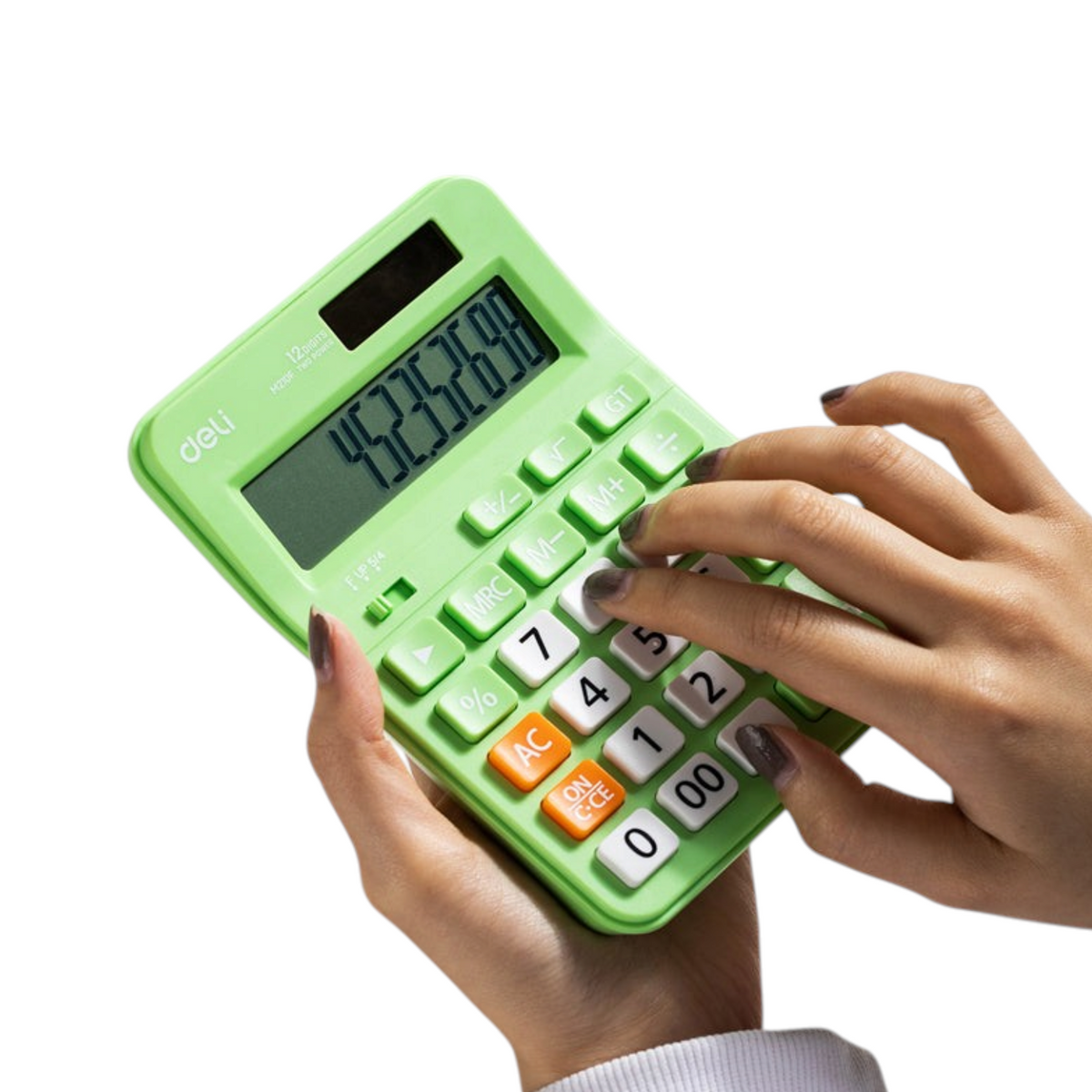 Elite Stationery House Deli-EM210F 12-digit desktop calculator in light green with solar and battery power