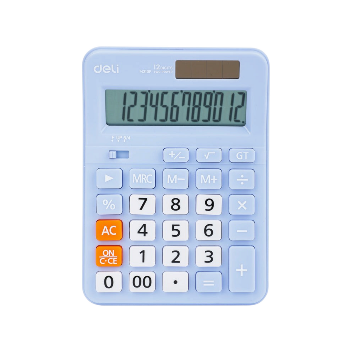 Elite Stationery House Deli-EM210F 12-digit desktop calculator in light blue with solar and battery dual power