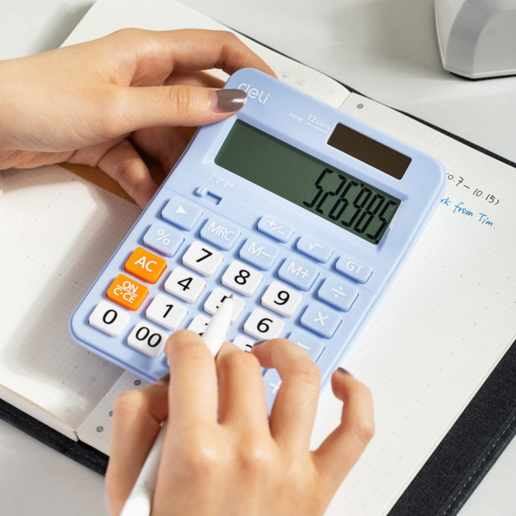 Elite Stationery House Deli-EM210F 12-digit desktop calculator in light blue with solar and battery power