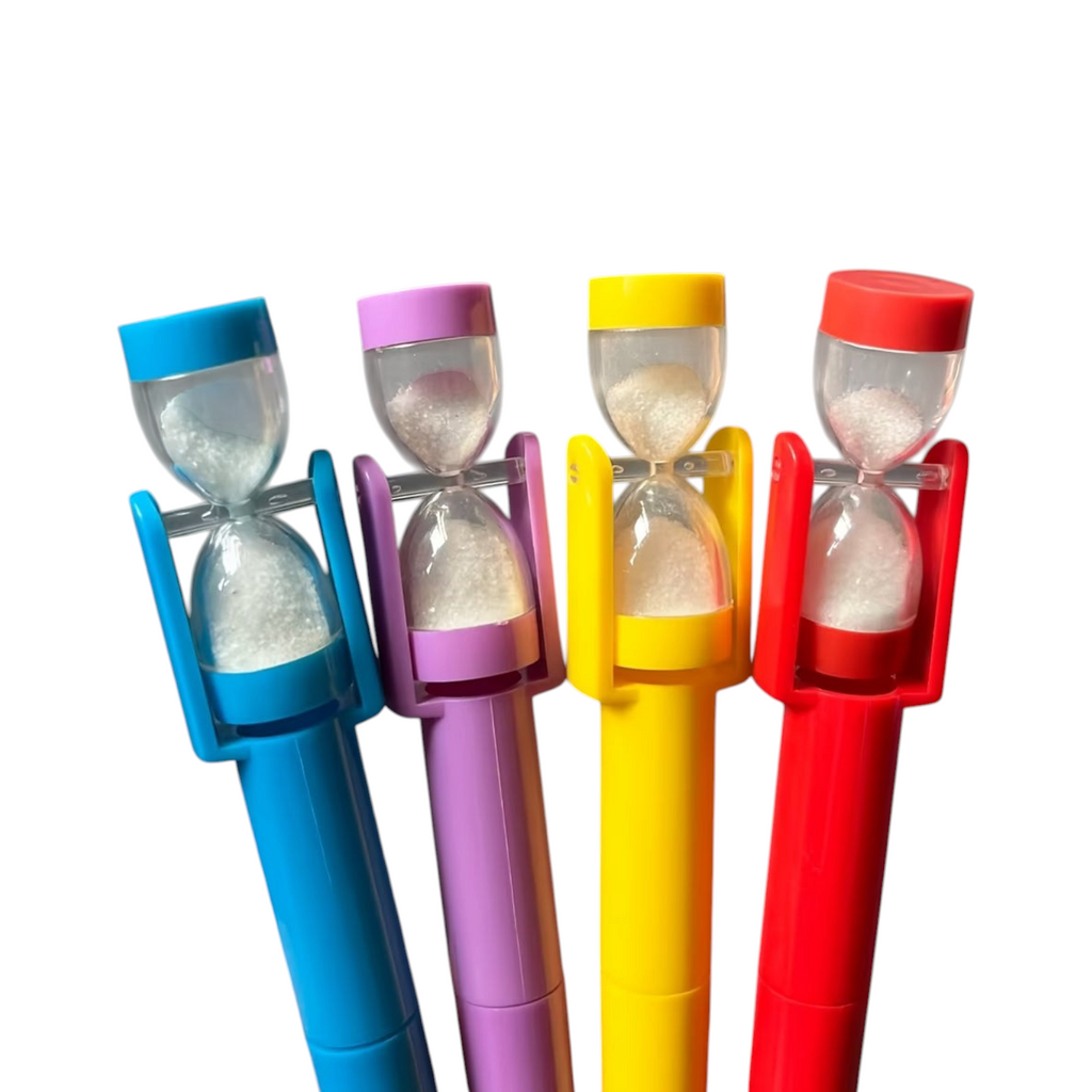 Elite Stationery House hourglass quicksand ballpoint pens in blue, purple, yellow, and red with twist closure design