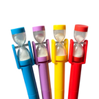 Elite Stationery House hourglass quicksand ballpoint pens in blue, purple, yellow, and red with twist closure design