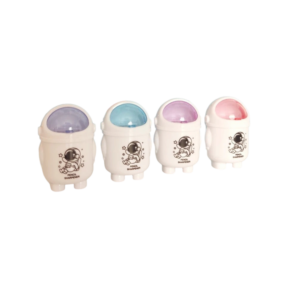 Elite Stationery House astronaut-themed pencil sharpeners in white with colourful lids and space-themed graphics.