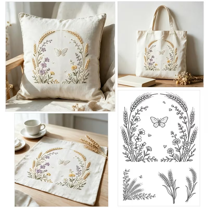1 pc A4 Size Golden Autumn Wheat Flower Water-Soluble Embroidery Pattern, Transfer Paper for Hand Sewing,