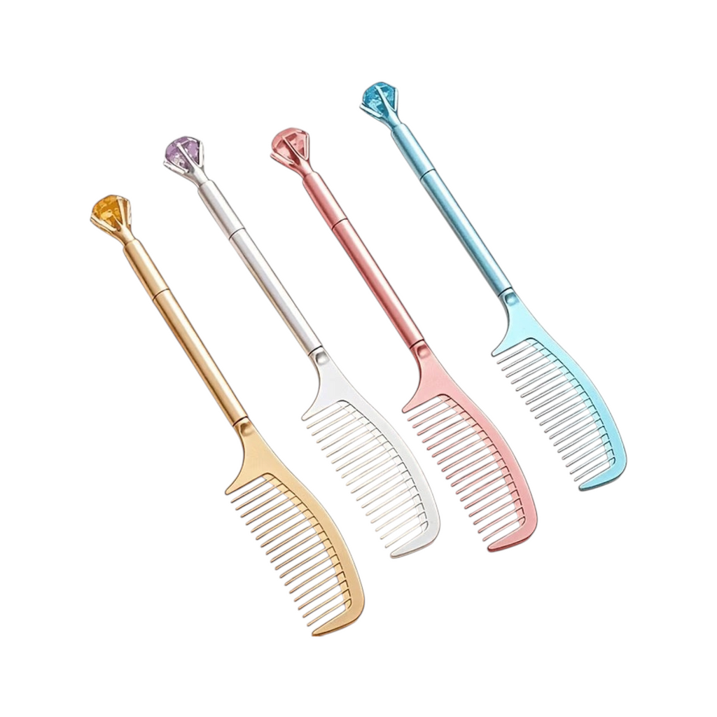 Elite Stationery House comb pens in gold, silver, rose gold, and blue with decorative crystal toppers.