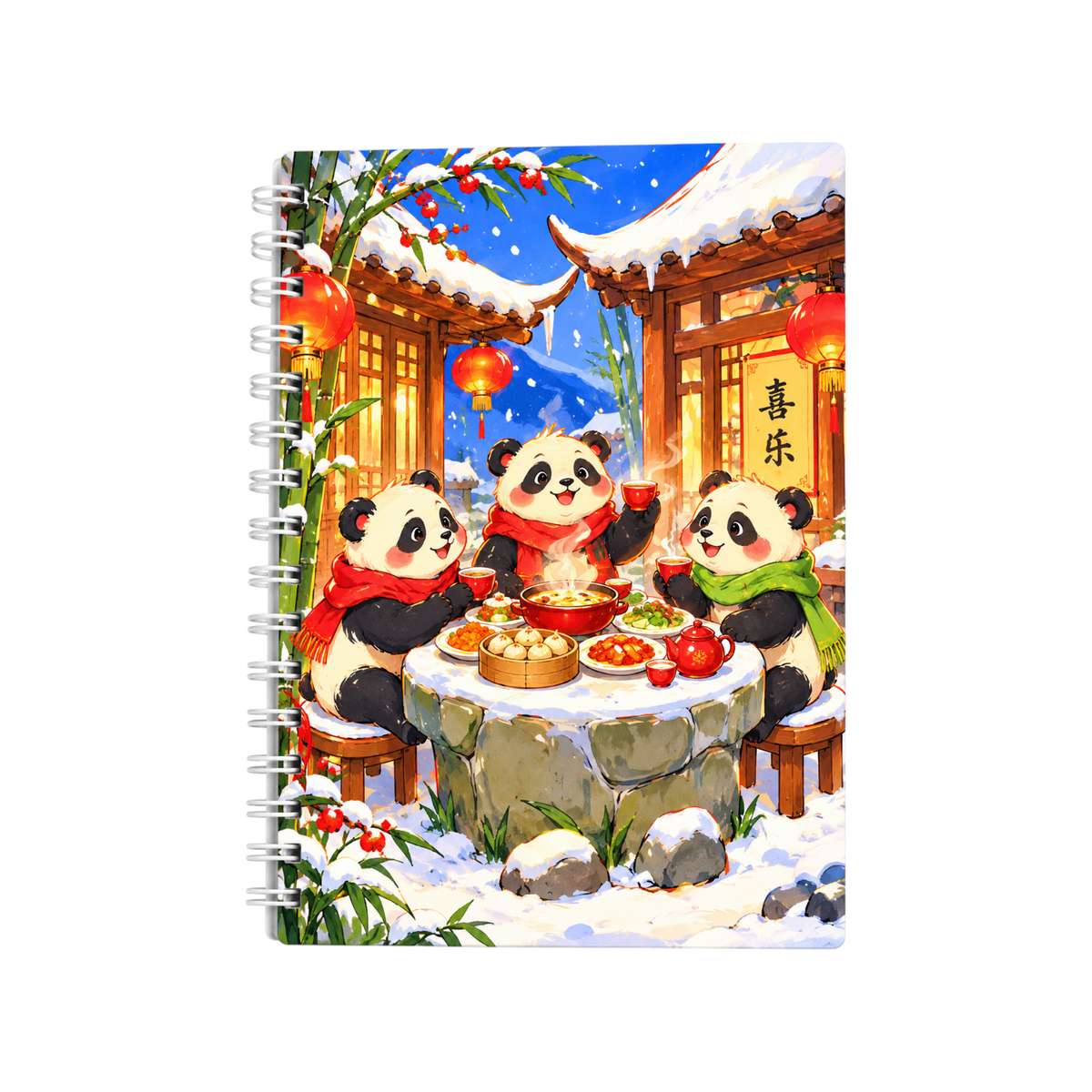 Elite Stationery House A5 spiral notebook featuring a festive illustration of three pandas eating in the snow.