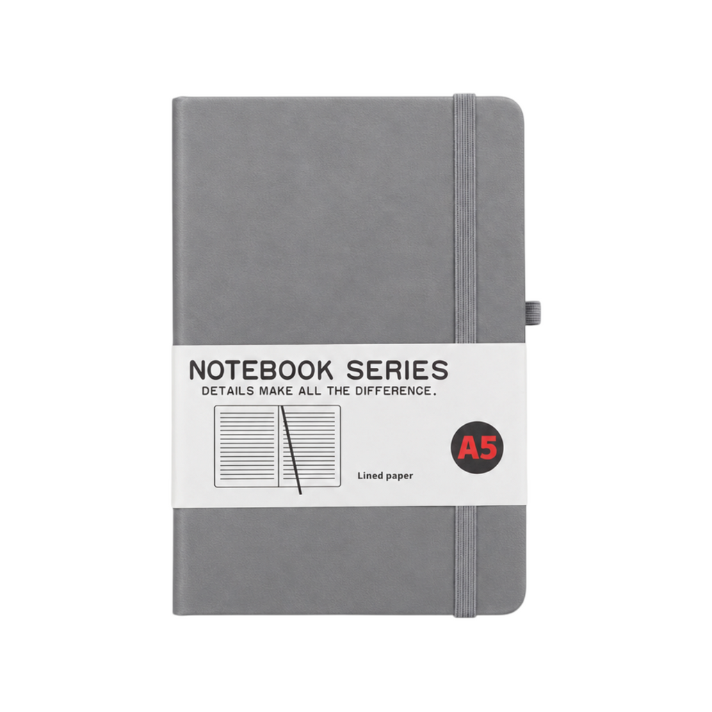 Elite Stationery House A5 grey hardcover business notebook with 80 lined sheets and an elastic closure band