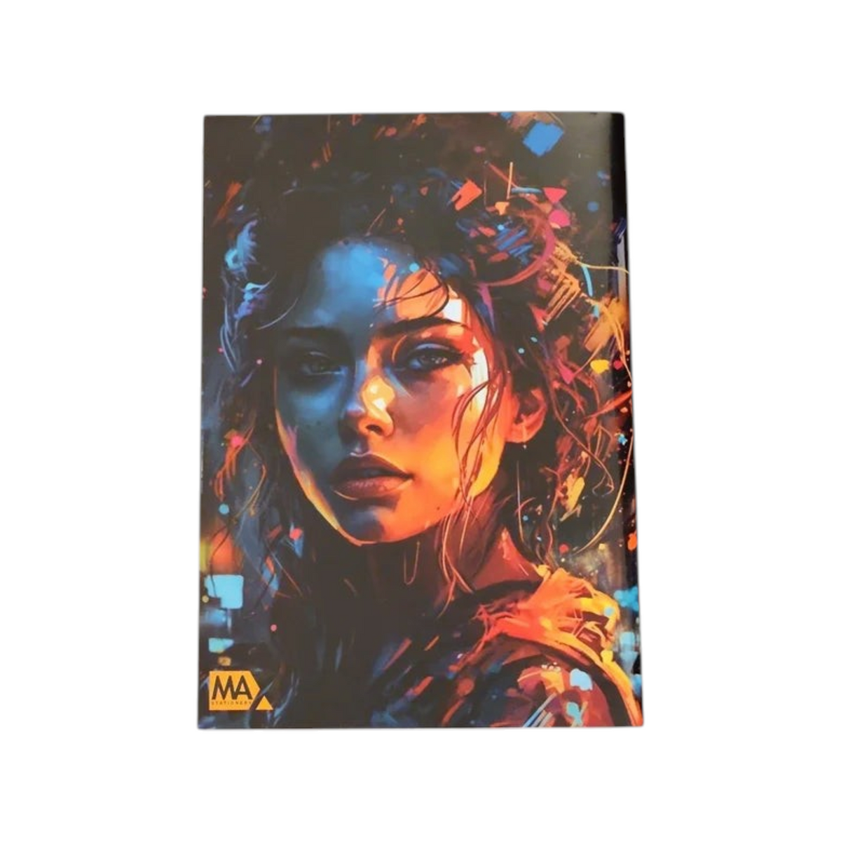 Elite Stationery House A4 stapled notebook featuring a vibrant abstract portrait of a woman on the cover.
