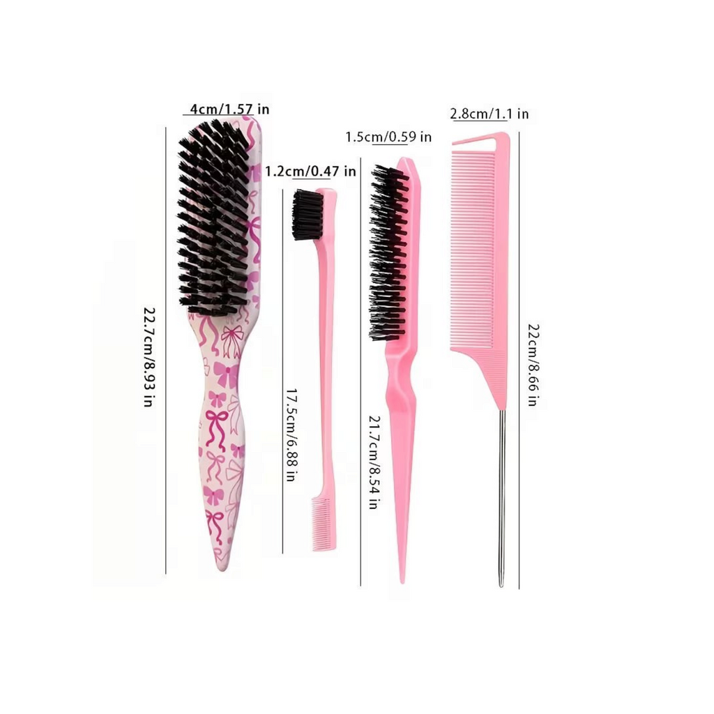 Elite Stationery House 4-piece pink hair styling brush set with bow pattern for sleek ponytails and edge control