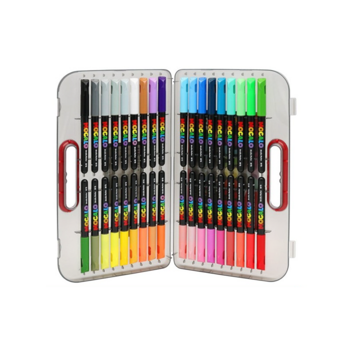 Elite Stationery House M&G MOCALO acrylic brush marker set with 24 vibrant colors in a clear plastic carry case.